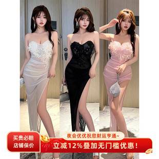 高端重工设计感立体花朵抹胸聚拢透视刺绣长裙夜场性感连衣裙礼服