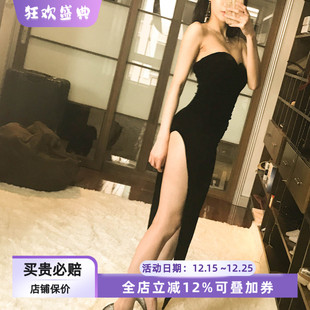 性感御姐露肩丝绒抹胸高叉长裙车模走秀宴会晚会主持人网红晚礼服