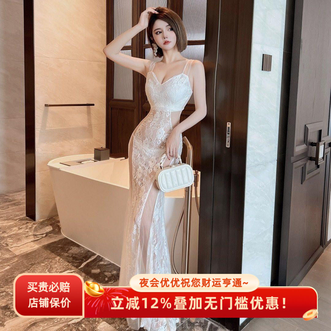 新款白色蕾丝网纱拼接透视长礼服夜场性感露胸修身包臀鱼尾连衣裙,女装/女士精品,连衣裙,淘宝优惠券,粉丝福利购,淘宝优惠卷