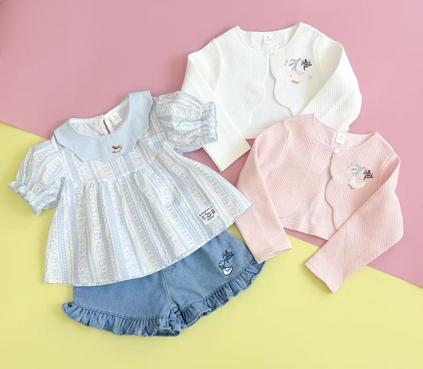 日单小木马cottoli春夏新款女童宝宝可爱卡通短袖牛仔短裤外套