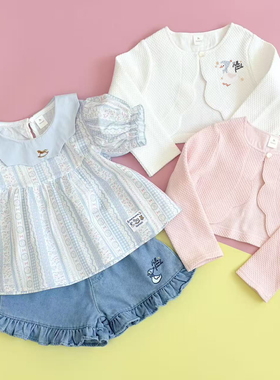 日单小木马cottoli春夏新款女童宝宝可爱卡通短袖牛仔短裤外套