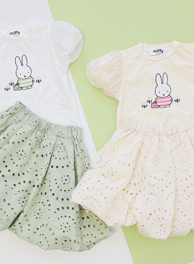 日单mif米菲25新款夏季女童女宝T恤公主袖半身裙刺绣镂空半裙套装