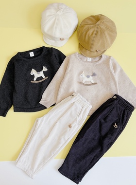 日单小木马cottoli新款刺绣毛衣男童男宝宝春秋针织衫套头衫上衣