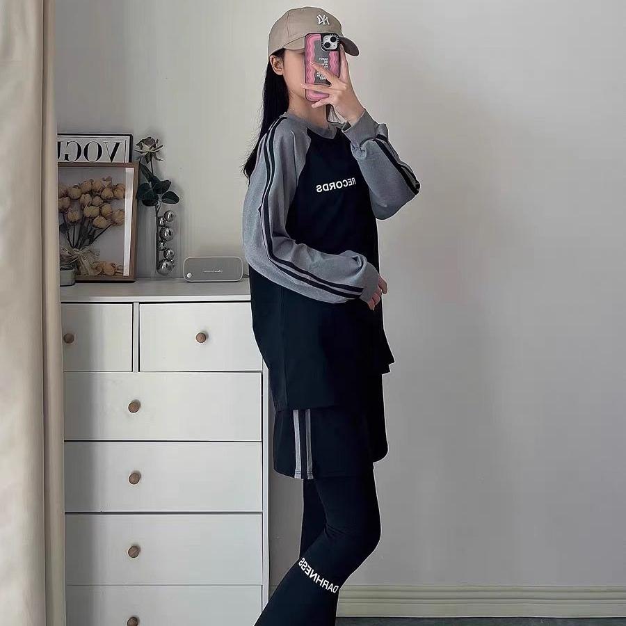 秋冬季健身瑜伽服套装宽松大码胖妹妹遮肉遮跨显瘦拼色跑步套装