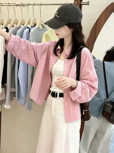 蓝色长袖衬衫女款2026新款秋薄款韩版宽松慵懒风休闲百搭短款上衣