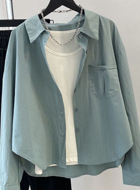 湖蓝色衬衫女士短款2024新款韩系休闲百搭小个子叠穿宽松长袖衬衣