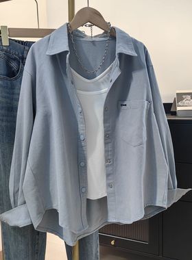 高级感蓝色衬衫女秋冬季新款韩版宽松百搭叠穿衬衣外套长袖上衣