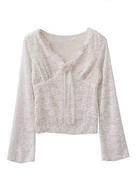 原创自制法式温柔风立体玫瑰花V领加绒加厚蕾丝衫打底衫女T恤上衣