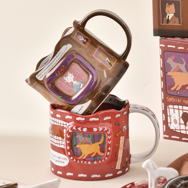 复古浮雕陶瓷马克杯高颜值咖啡杯带盖勺家用早餐杯办公室喝水杯子,餐饮具,马克杯,淘宝优惠券,粉丝福利购,淘宝优惠卷