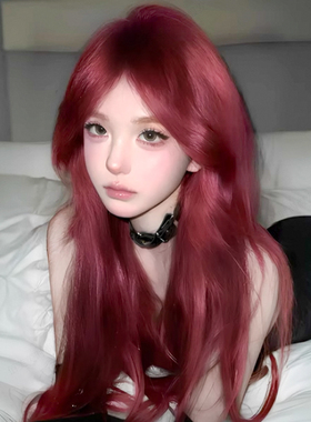 【辣妹狙击】红色假发女长发八字刘海大波浪网红长卷发自然全头套