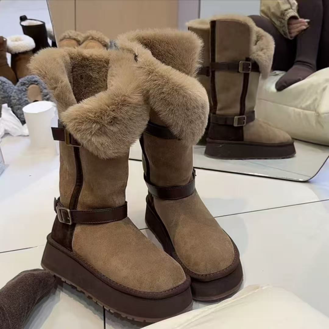 欧货磨砂拼接厚底雪地靴女2025年新款冬季复古加绒加厚保暖中筒靴