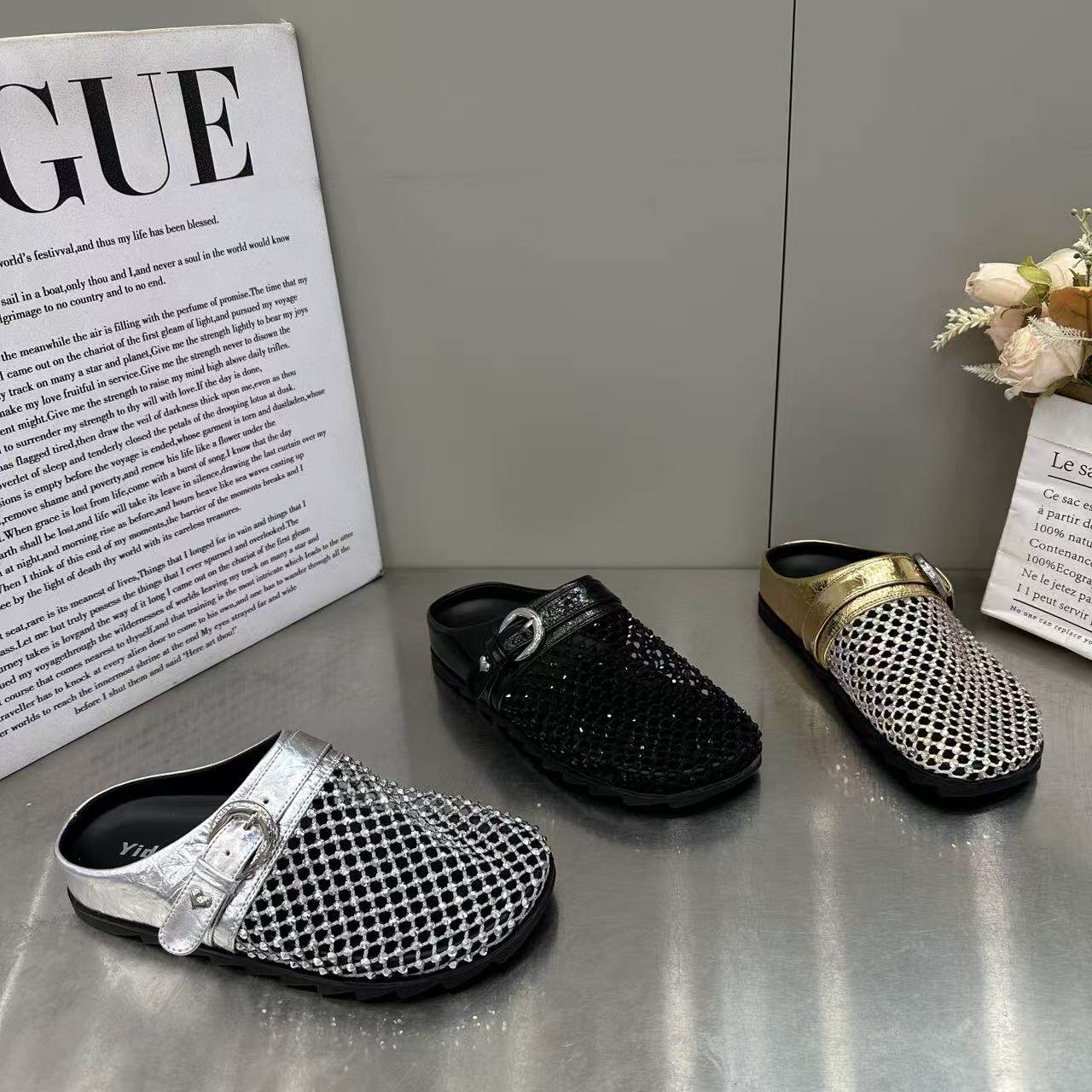 欧货厚底增高银色渔网勃肯包头半拖鞋女2026新款夏季配裙子凉拖鞋