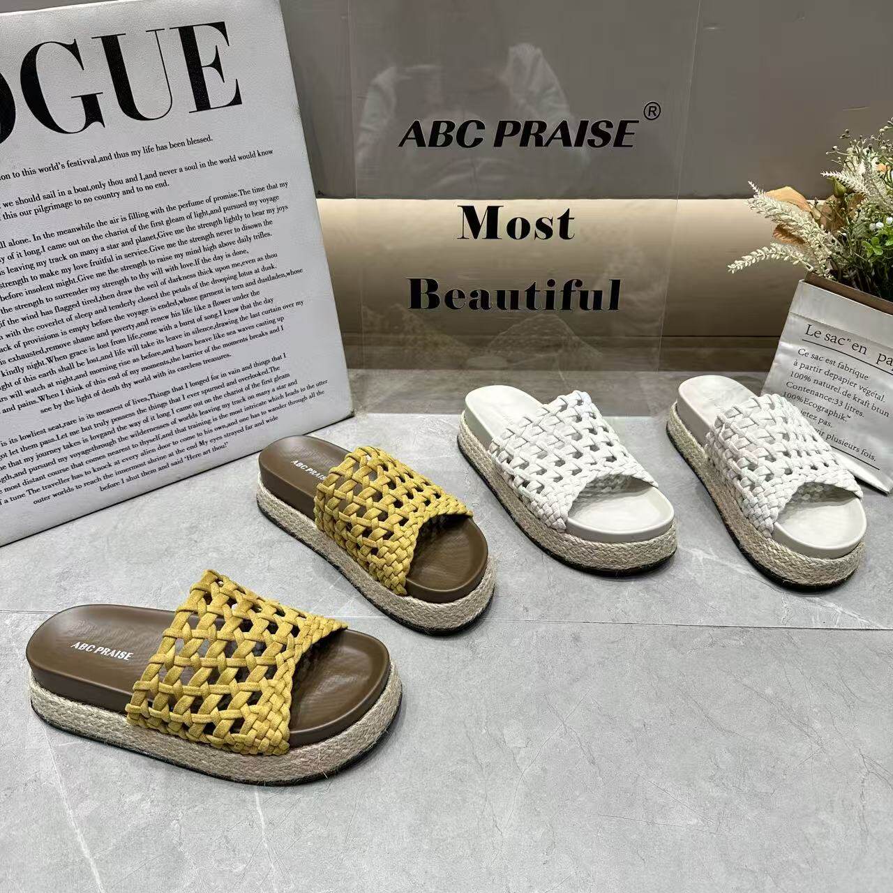 ABC2026夏季新款露趾圆头厚底拖鞋女编织一脚蹬松糕底休闲凉拖鞋