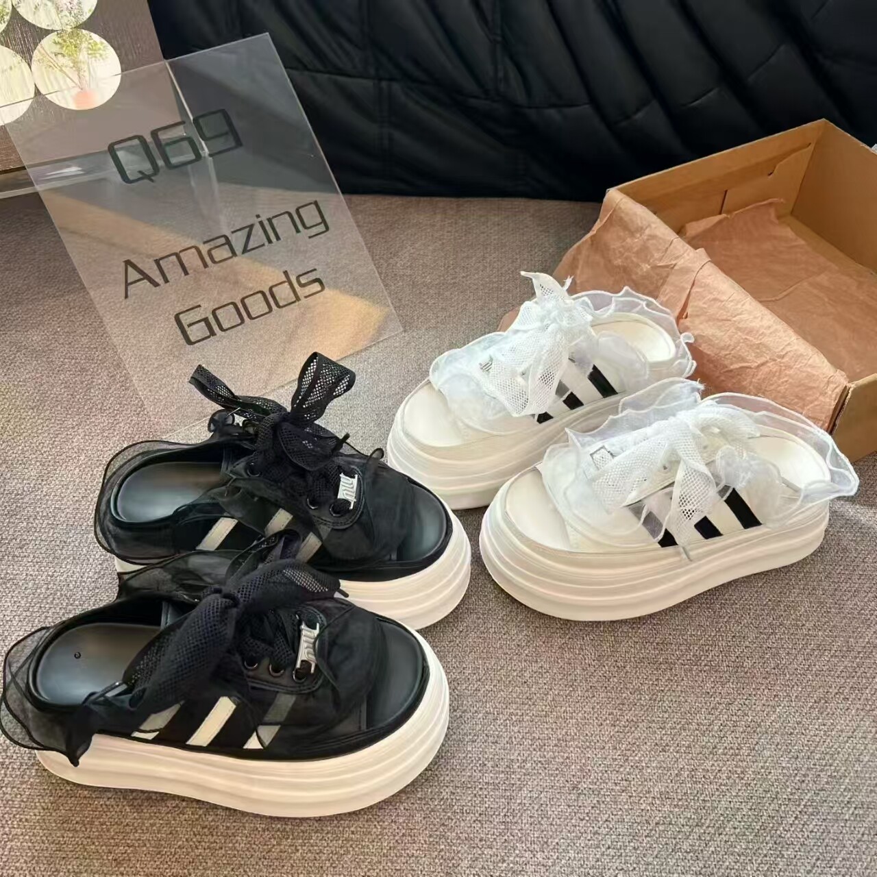 欧洲站网纱蕾丝厚底包头拖鞋女2026夏季新款百搭系带运动拼色拖鞋