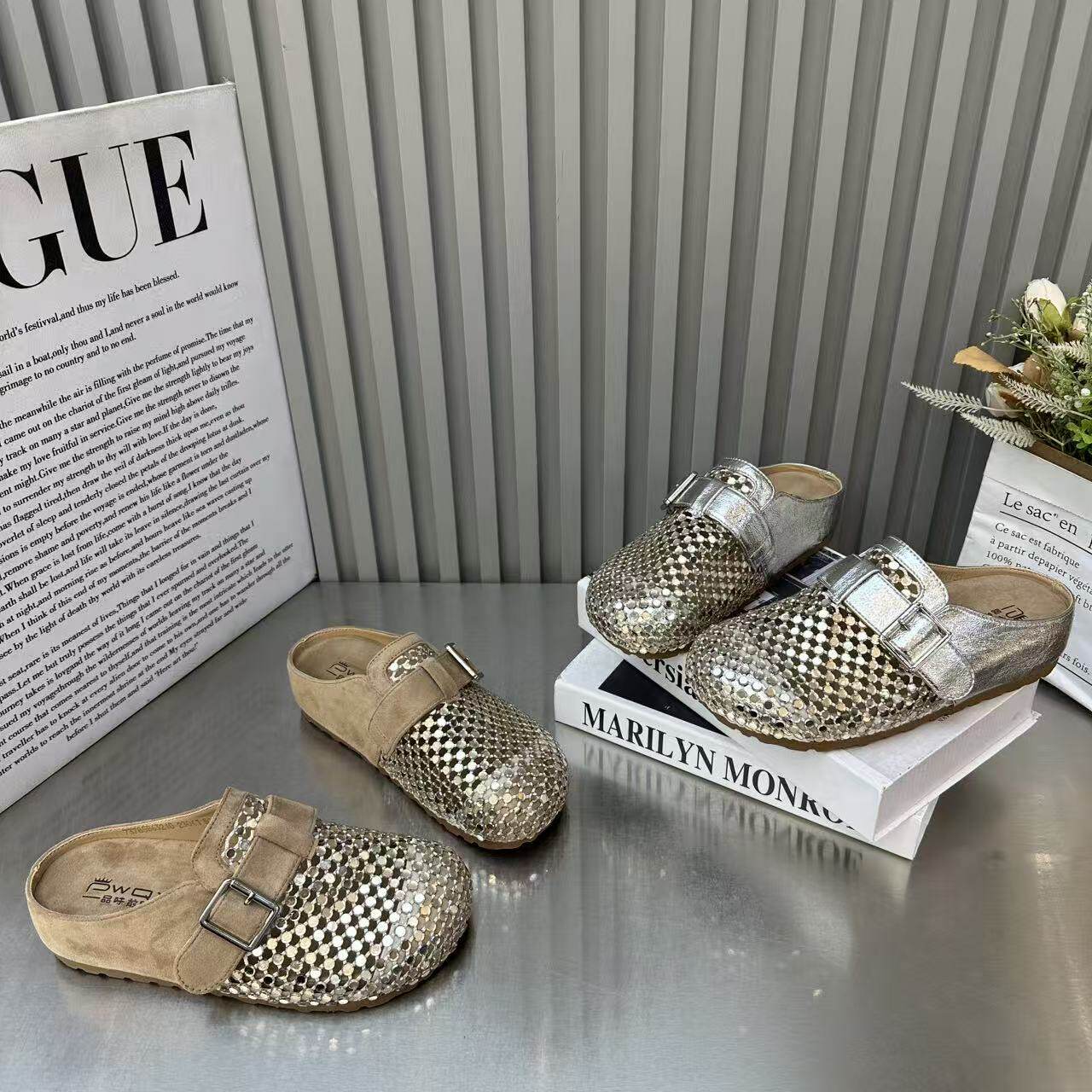 欧货水钻厚底编织包头凉拖鞋女夏2026新款一脚蹬透气磨砂拼接拖鞋