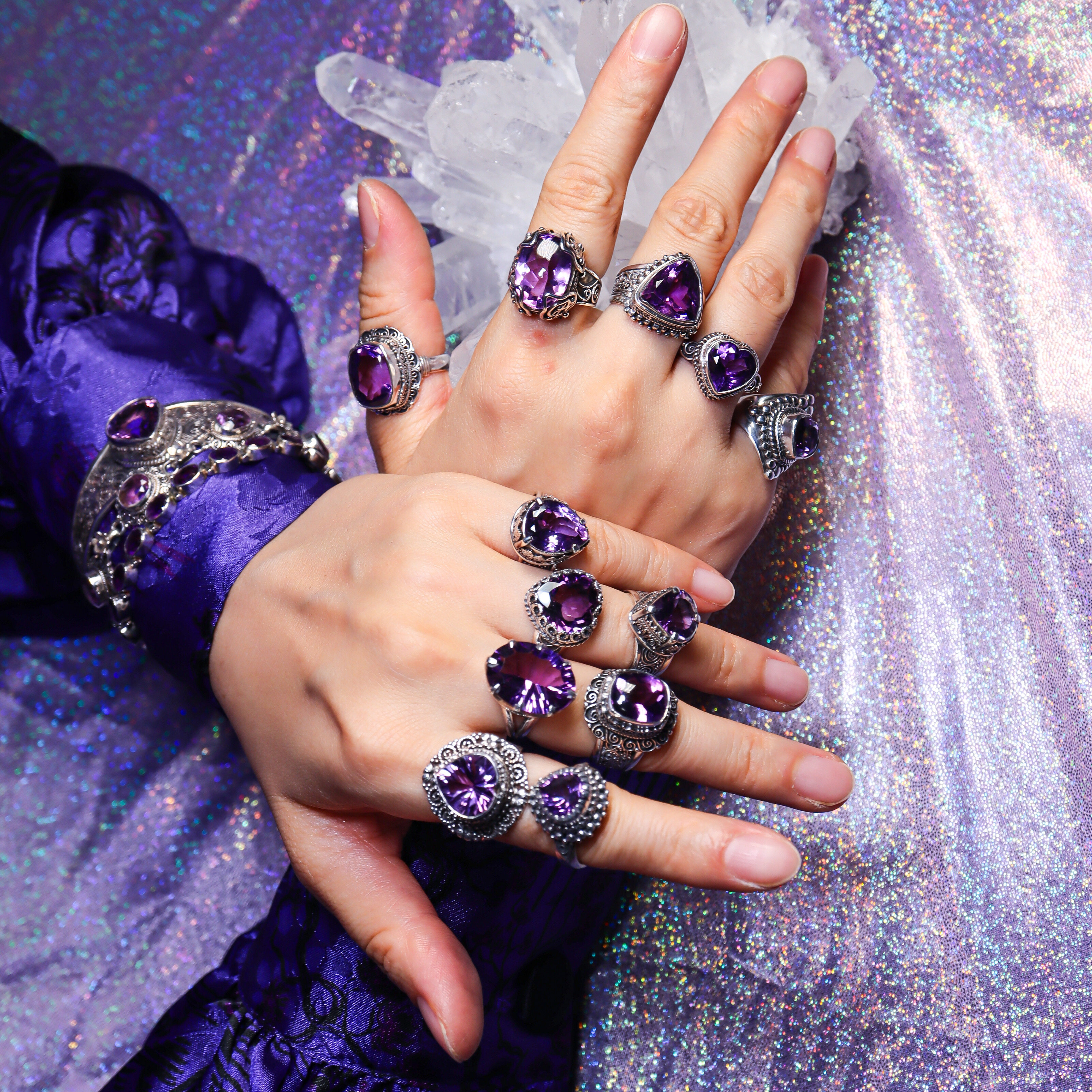 尼泊尔手工天然紫水晶S925纯银戒指女开口复古宫廷风文艺小众饰品