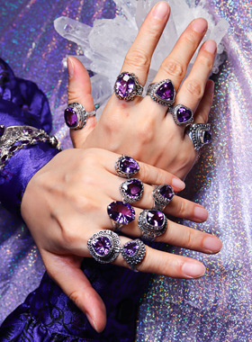 尼泊尔手工天然紫水晶S925纯银戒指女开口复古宫廷风文艺小众饰品