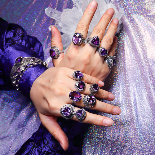 尼泊尔复古紫水晶手工纯银戒指女