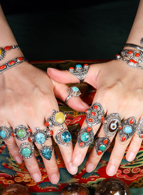 尼泊尔手工S925纯银绿松石蜜蜡戒指女男复古藏式民族风蒙古族配饰