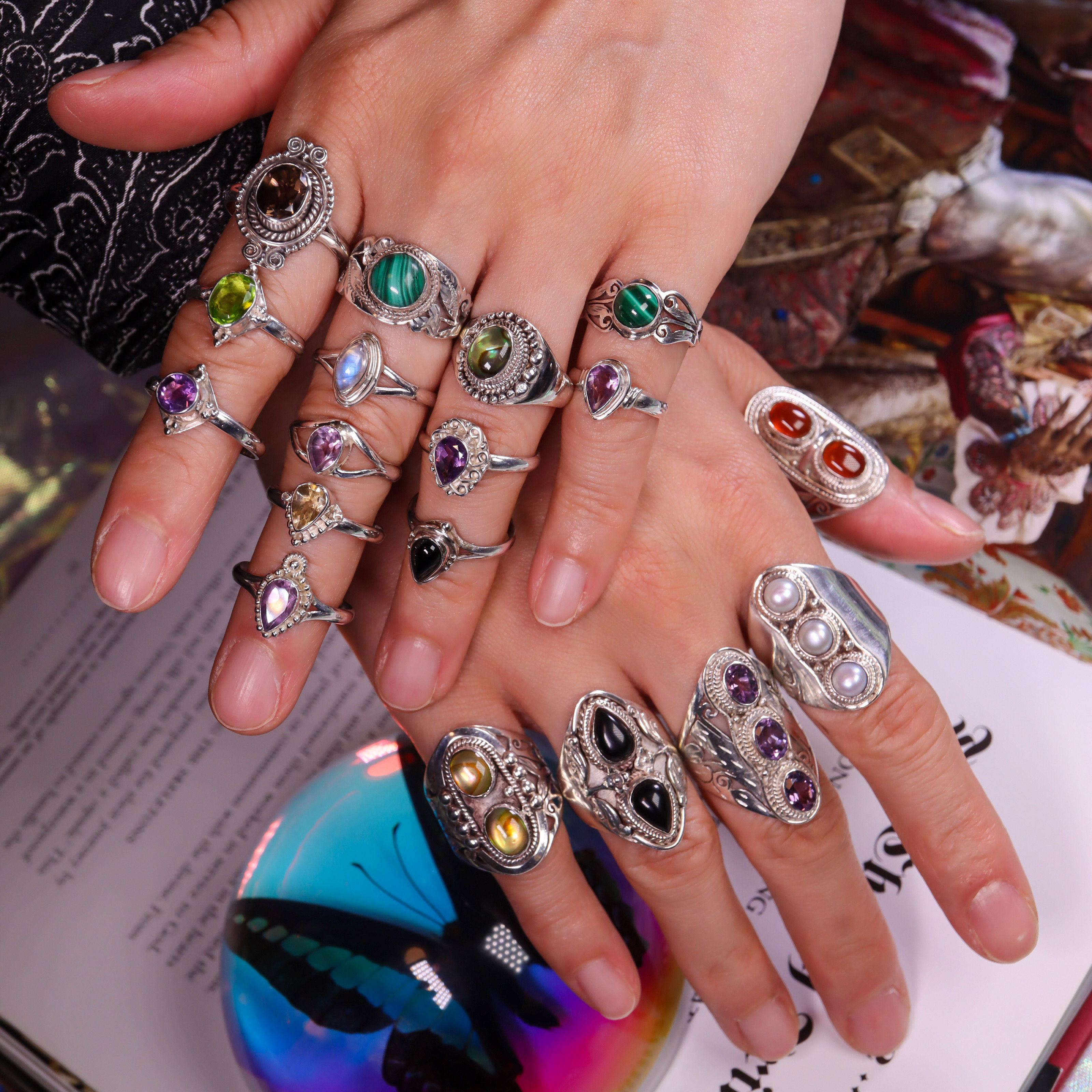 尼泊尔手工S925纯银天然水晶宝石戒指女波西米亚风复古小众孤品款