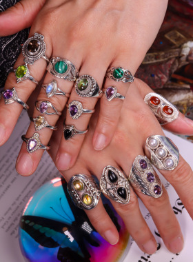 波西米亚风天然宝石纯银戒指孤品