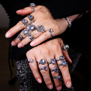 尼泊尔手工S925银镶斯里兰卡蓝月光石戒指女士复古宫廷风民族小众