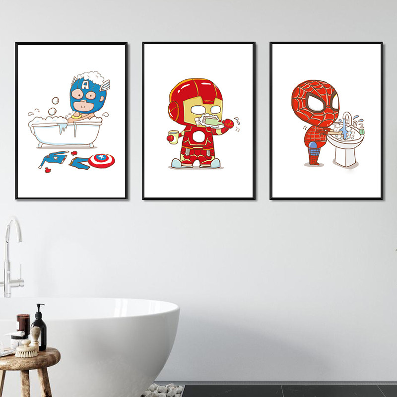 卡通超级英雄插画男孩刷牙沐浴引导装饰画有趣搞笑洗手间台盆装饰