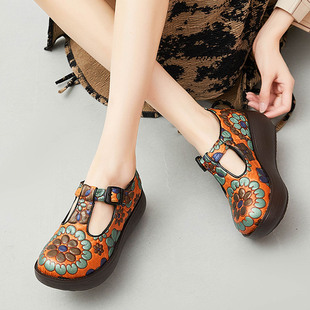 真皮印花单鞋女2025春秋新款厚底坡跟丁字鞋复古民族风手工女鞋