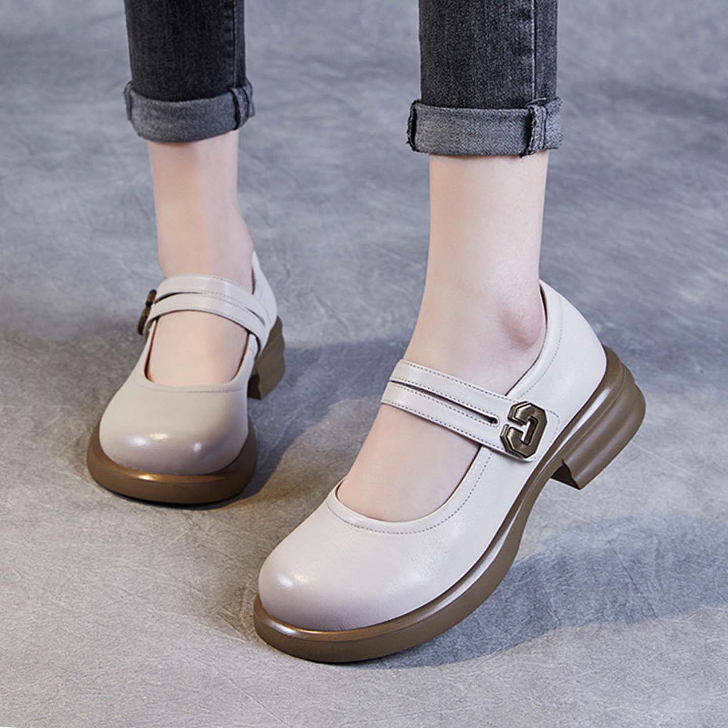 真皮方头单鞋女春新款2026羊皮玛丽珍鞋子女款乐福鞋爆款配裙子鞋