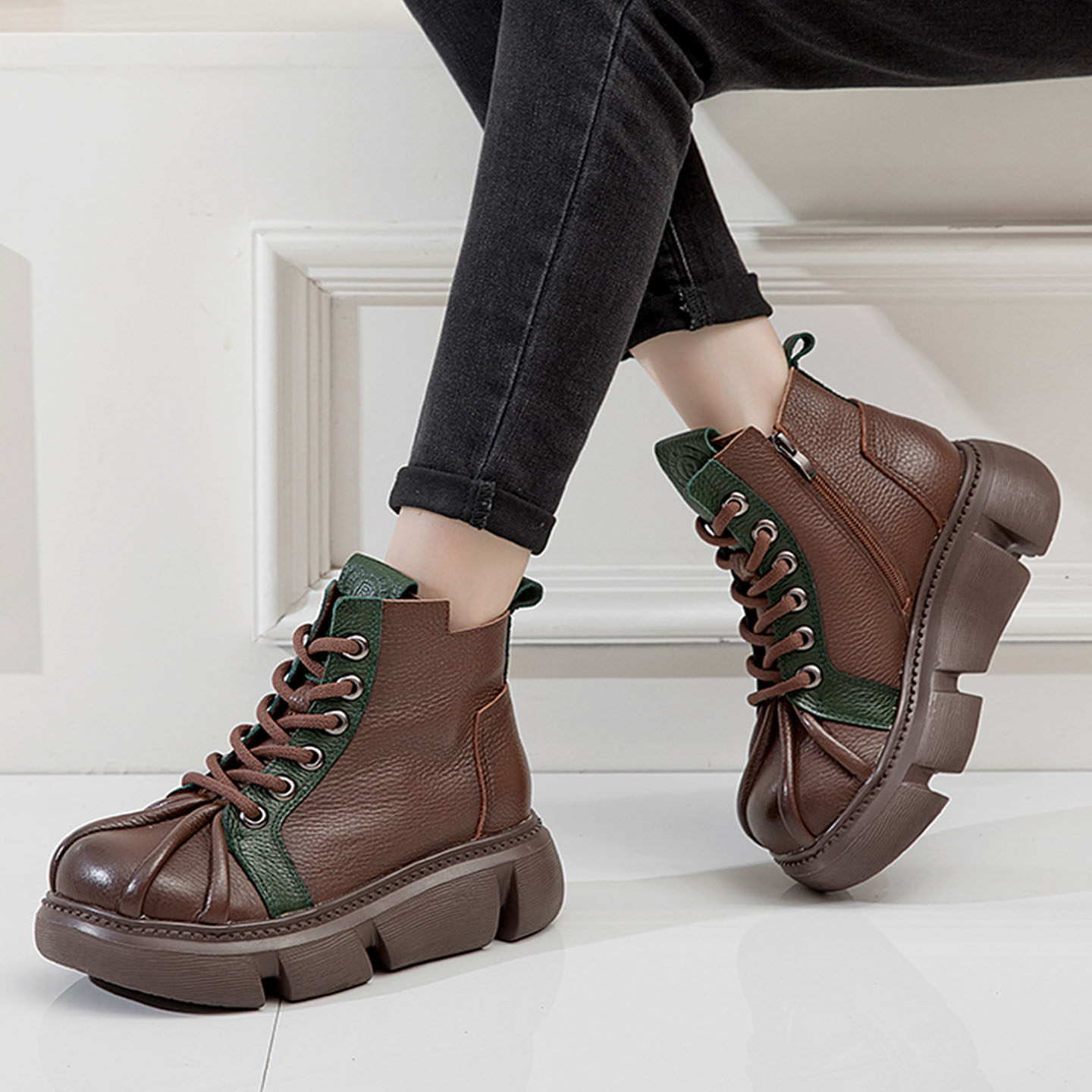 2025优质秋冬新款拼色短筒马丁靴民族风女鞋子复古真皮厚底单靴女