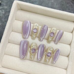 紫色布契拉提纯手工穿戴甲片级绸缎猫眼美甲光疗甲片可拆卸款