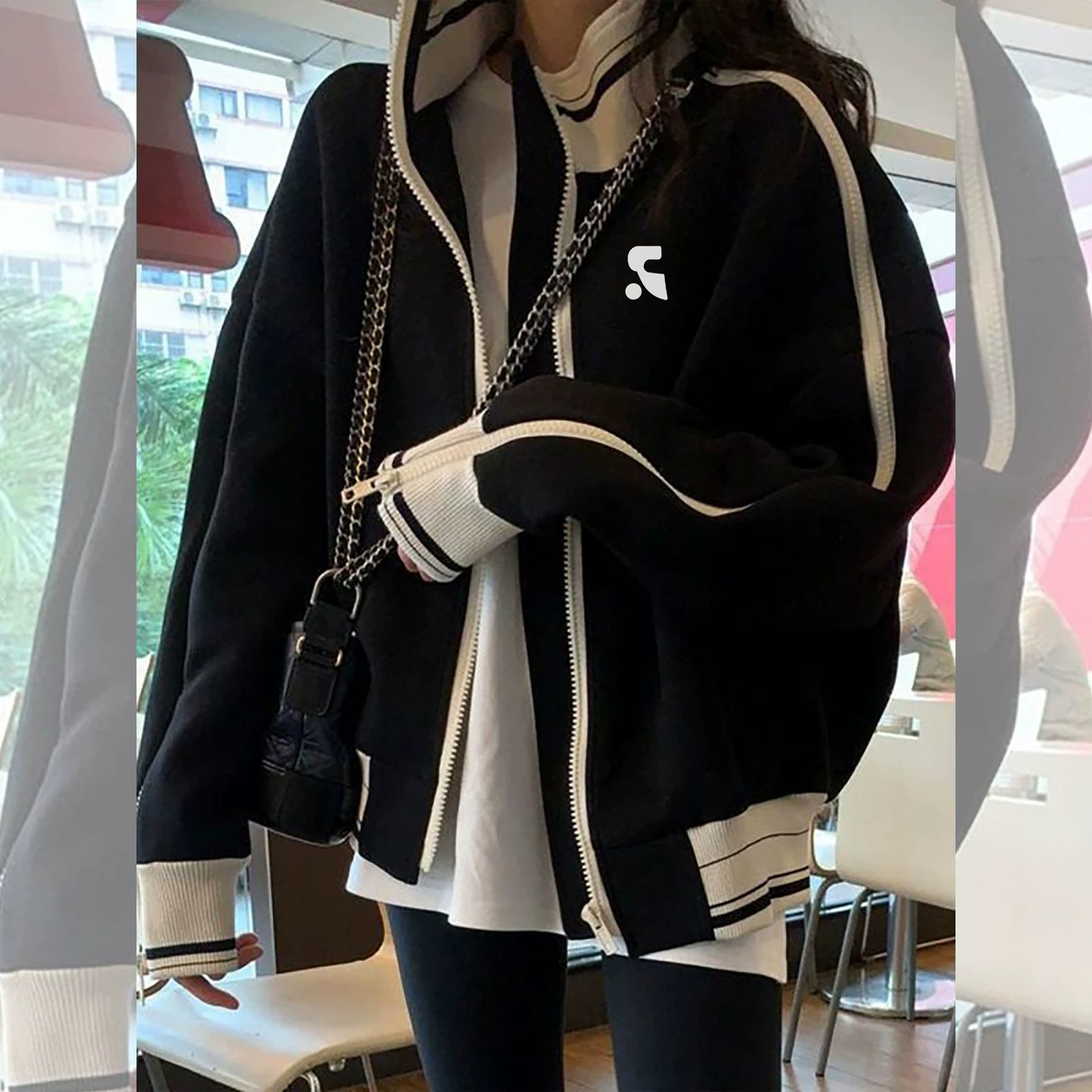 秋季慵懒风立领拼接棒球服女