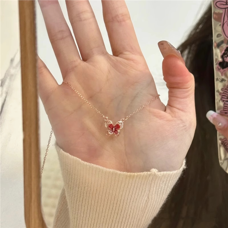 TinySylvie复古酒红花丝锁骨链