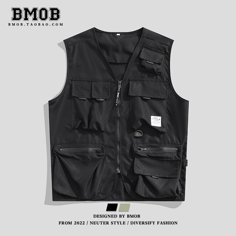 BMOB 일본식 작업 조끼 남성 자켓 트렌디 브랜드 멀티 포켓 잘 생긴 기능성 전술 조끼 조끼 민소매 탑