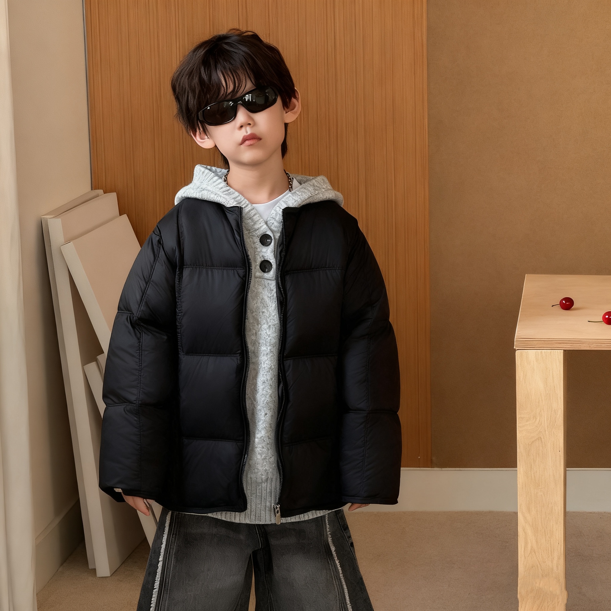 男童女童时尚短款小方格羽绒服