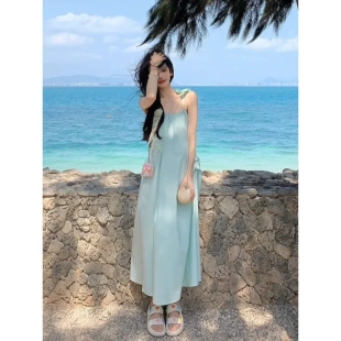 粉色吊带连衣裙女夏季 薄荷曼波风法式 多巴胺三亚海边度假沙滩长裙
