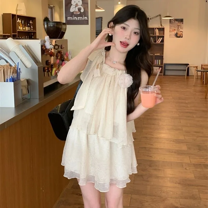 夏季小个子蝴蝶结宽松褶皱上衣慵懒海边度假风气质显瘦套装吉梗裙