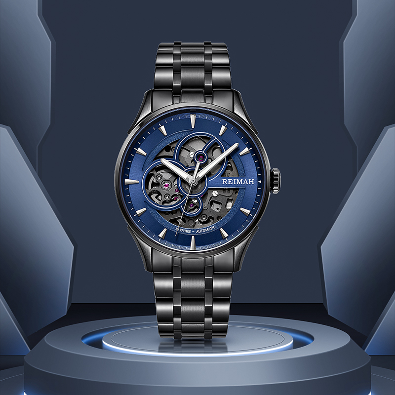 雷迈表REIMAH手表图腾系列全黑钢带潮酷镂空自动机械男士腕表8186