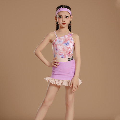 新款拉丁舞服女童吊带印花春夏套装练功服女舞蹈恰恰伦巴表演演出