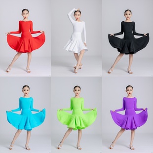 红舞裙新款少儿拉丁舞规定服恰恰伦巴牛仔大裙摆比赛表演服装考级