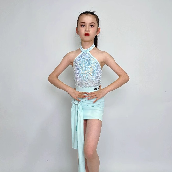 夏季新款少儿拉丁女练功服恰恰伦巴舞蹈考级集训亮片表演演出套装