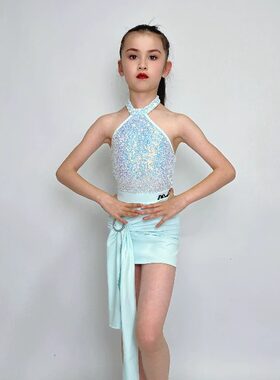 夏季新款少儿拉丁女练功服恰恰伦巴舞蹈考级集训亮片表演演出套装