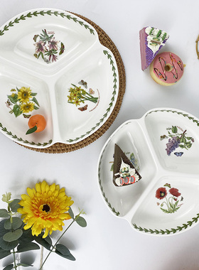 波特美林陶瓷分格盘创意分隔家用厨房分菜盘三格分餐盘早餐碟子