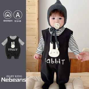 秋冬加绒黑色小兔子潮款 上衣 保暖外出服哈衣爬服 加绒背带裤