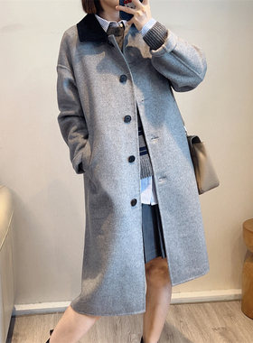 斯斯 1009 国货之光好舒服绢丝羊毛复古风灯芯绒领中长灰色大衣