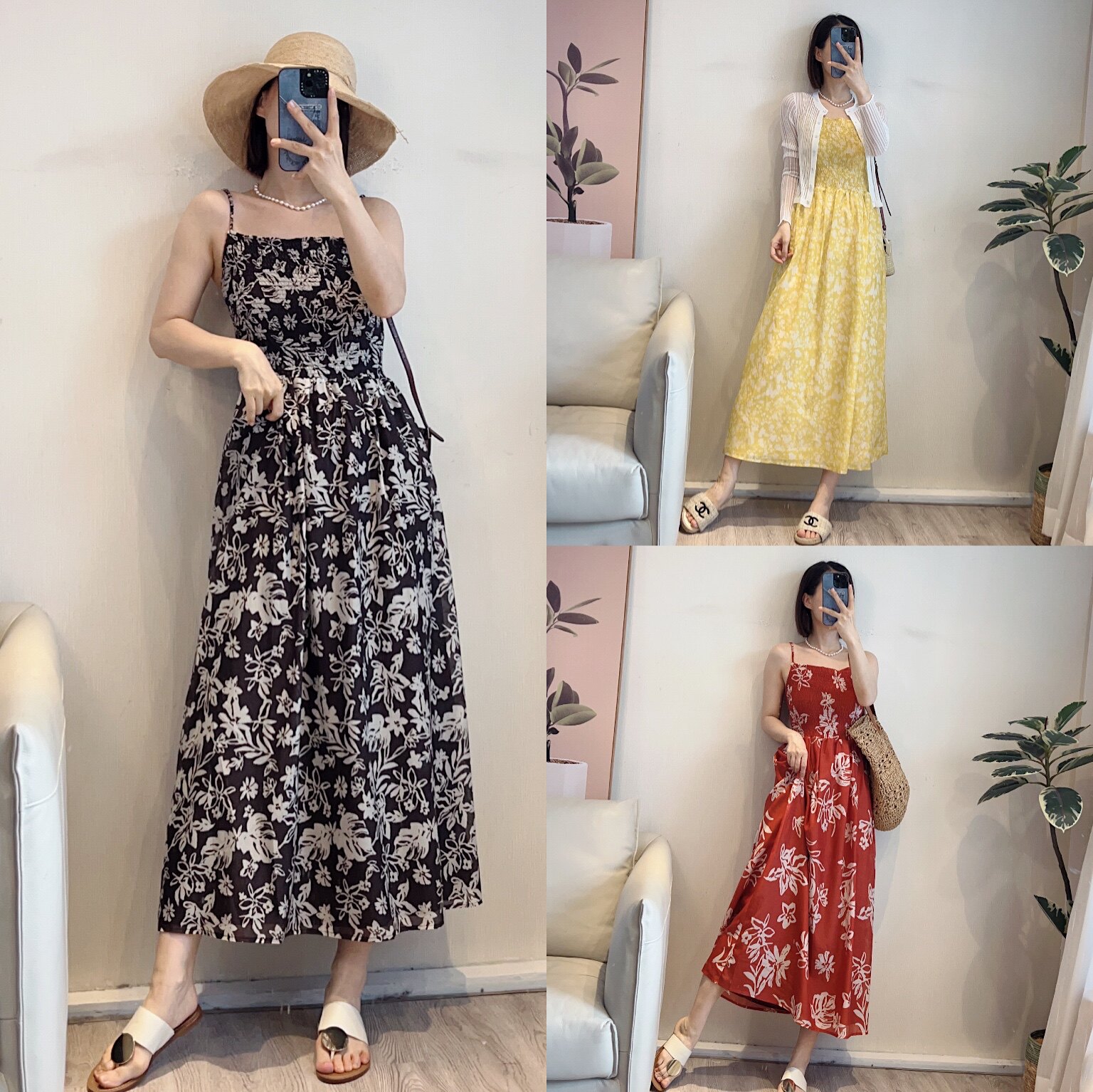 斯斯 0520 ZZ温柔感的夏天 真丝混纺复古大方领度假风吊带连衣裙