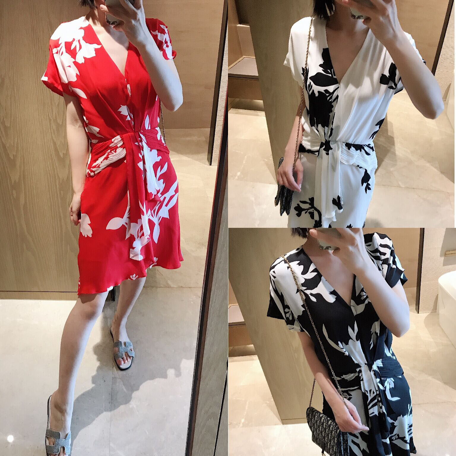 优雅jo真丝水墨收腰V领连衣裙