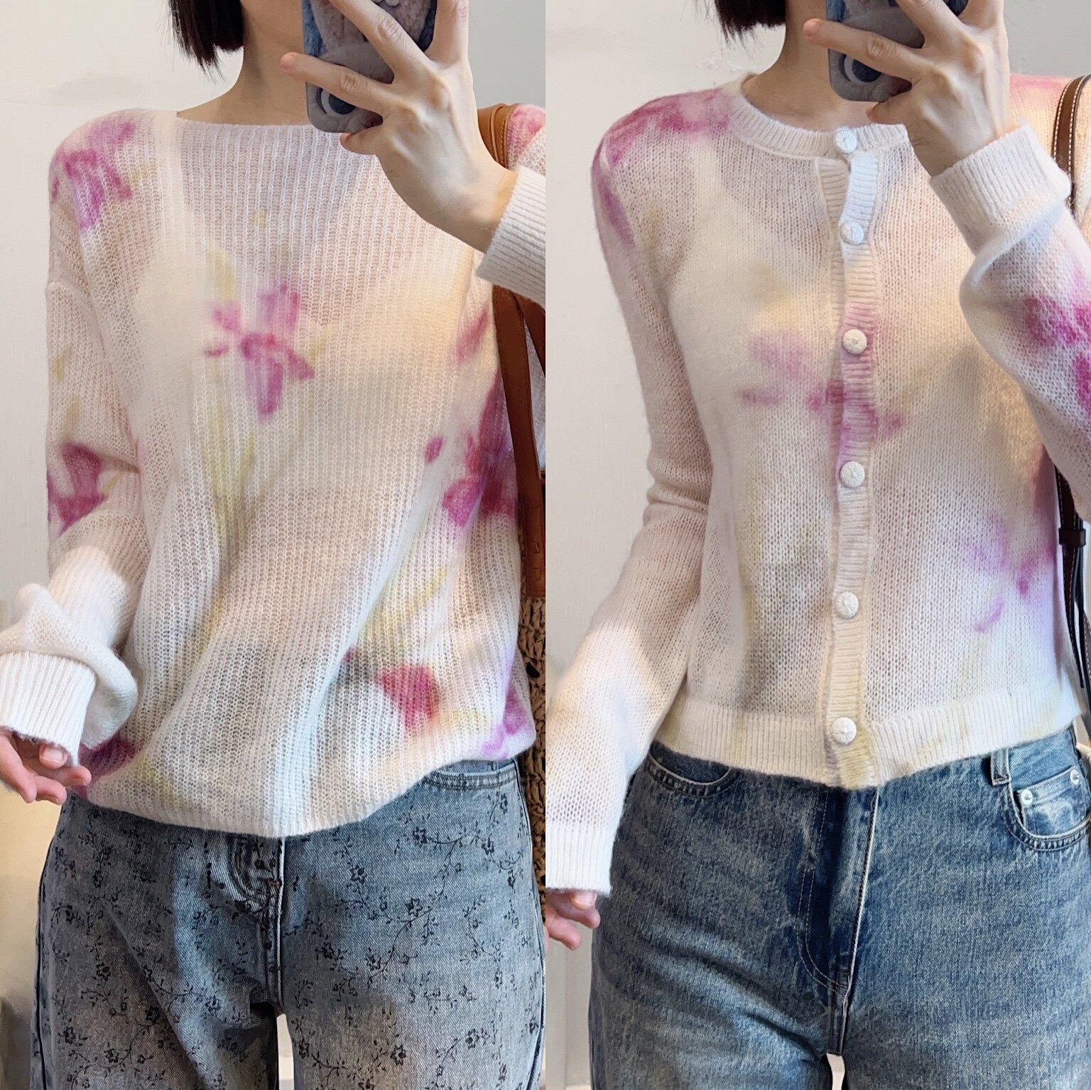 斯斯0311花香美美鸢尾花绵羊毛马海毛混纺一字领开衫微透针织上衣