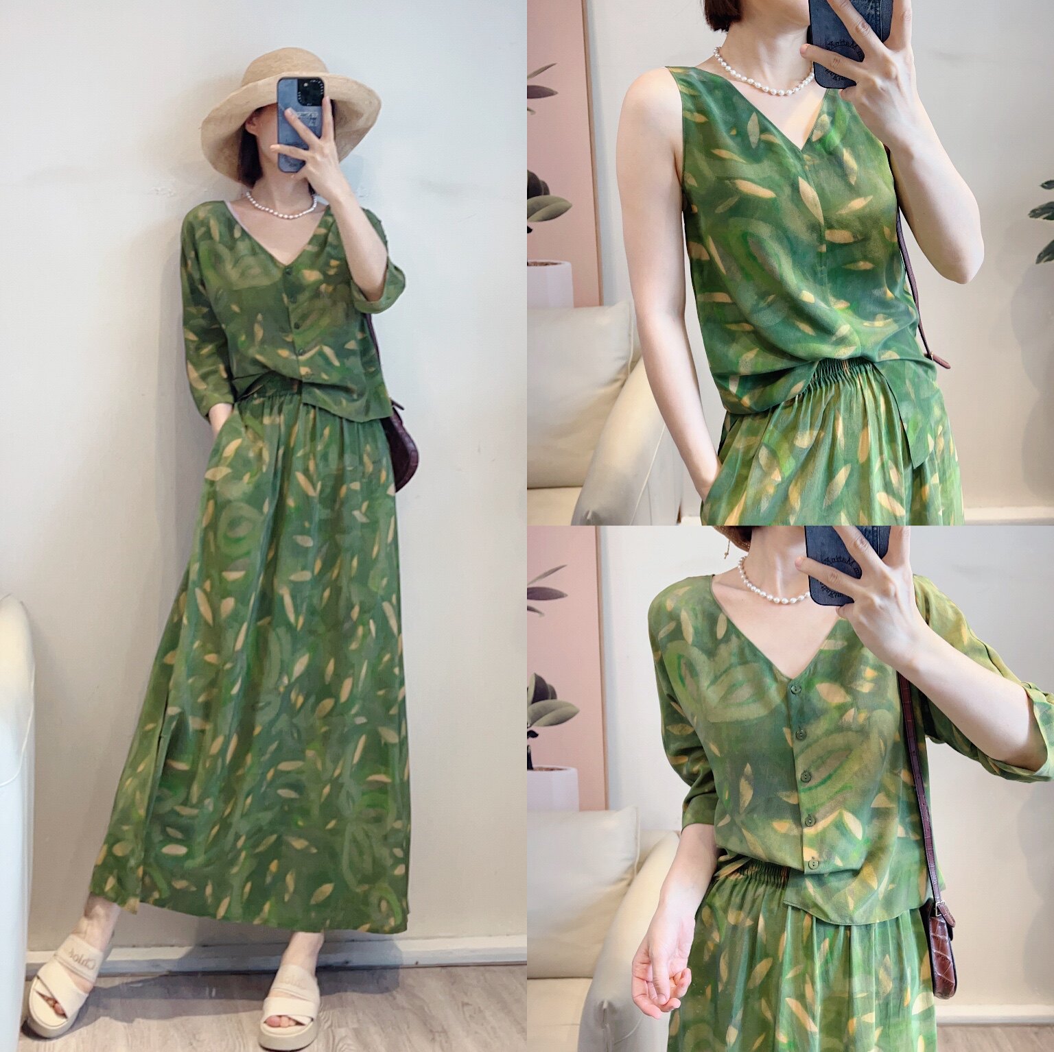 斯斯 0520 东方韵味 COR砂洗蚕丝写意感竹林绿色印花V领上衣半裙