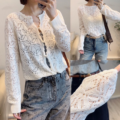 斯斯 0311 好美 温柔而清新 亚麻莱赛尔一字领套头珍珠扣钩花开衫